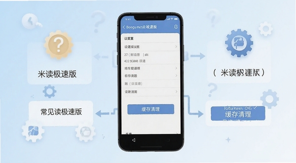米读极速版常见问题解决流程图,画面主体为手机屏幕显示设置菜单与缓存清理按钮,背景为淡蓝色渐变,配有问号与齿轮图标,风格简洁明了,适配Boogu模型生成