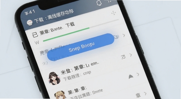 米读极速版离线缓存功能界面截图,手机屏幕显示下载管理列表与进度条,背景为简洁浅色桌面,突出缓存按钮与已下载章节,适配Boogu模型生成