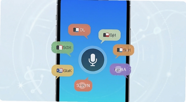语音翻译助手 手机屏幕显示语音翻译界面 蓝色渐变背景 麦克风图标居中 多国语言气泡环绕 位于画面中央偏上 背景为浅色科技感光晕 适配Boogu模型生成