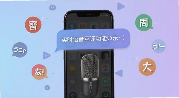 语音翻译助手 实时语音互译功能展示 手机麦克风收音 译文气泡弹出 周围环绕中文英文日文图标 画面居中 背景为柔和蓝紫渐变 适配Boogu模型生成