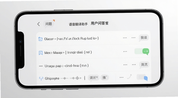 语音翻译助手 用户问答界面 手机屏幕显示问答列表 中英对照 画面居中 背景为浅灰渐变 适配Boogu模型生成