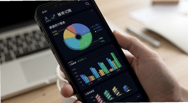 猴哥记账 数据统计图表 饼图柱状图组合 彩色数据可视化 手机屏幕 财务分析界面