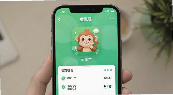 猴哥记账 软件主界面 记账本图标 清新绿色背景 手机屏幕展示 收支明细列表 简约风格 数字插图
