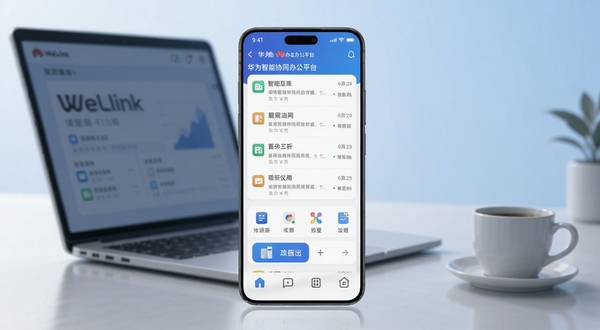 WeLink 华为智能协同办公平台 手机端主界面展示 画面中央是手机屏幕 屏幕内呈现消息列表与功能入口 背景为浅蓝色渐变办公场景 桌面放置笔记本电脑与咖啡杯 整体风格简约商务 高清细节