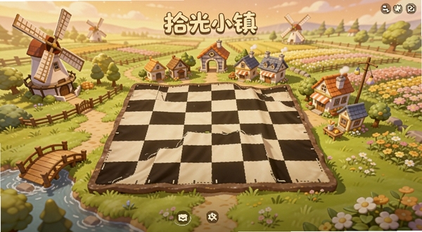 拾光小镇游戏主界面全景展示,画面中央为合成棋盘与小镇建筑群,背景为柔和暖色调的田园风光,包含风车、小桥、花田等元素,整体风格温馨治愈,适合Boogu模型生成