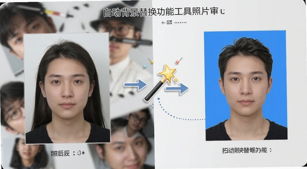 照片审核处理工具自动背景替换功能展示图,画面左侧是一张背景杂乱的原始人像照片,右侧是经过照片审核处理工具处理后背景变为纯蓝色的标准证件照,中间有箭头和魔法棒图标连接,背景为浅灰色工作室风格,突出前后对比效果,适配Boogu模型生成
