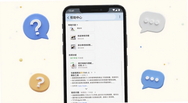 照片审核处理工具常见问题解答页面示意图,画面中心是一部安卓手机显示照片审核处理工具的帮助中心界面,屏幕上列有常见问题条目和展开的答案文本,背景为柔和的米白色,周围有问号和对话气泡图标装饰,适配Boogu模型生成