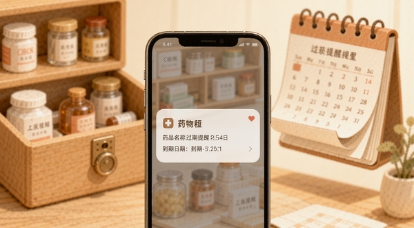杂物柜过期提醒功能展示,画面主体为手机屏幕弹出通知提醒卡片,卡片上写有药品名称和到期日期,背景为家庭药箱和日历翻页的插画元素,色调柔和偏暖,突出提醒的温馨感与实用性,适合作为功能亮点配图