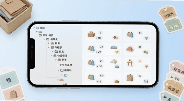 杂物柜应用界面中物品分类管理页面,画面主体为手机屏幕展示多级分类目录树,左侧是房间与柜子层级,右侧是具体物品卡片列表,每张卡片带有小图标和数量标签,背景为淡蓝色渐变,屏幕周围点缀收纳盒和标签贴纸元素,整体风格清新简洁,适合软件功能介绍配图