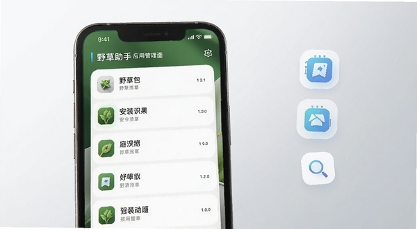 野草助手应用管理界面手机屏幕展示安装包识别列表,背景为浅灰色渐变,主体位于画面中央偏左,右侧留白区域放置悬浮图标,整体风格简洁科技感