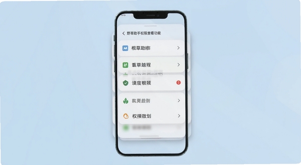 野草助手权限查看功能手机截图,画面主体为权限列表卡片,背景为淡蓝色调,卡片带有圆角阴影,整体布局居中,四周留出呼吸感空间