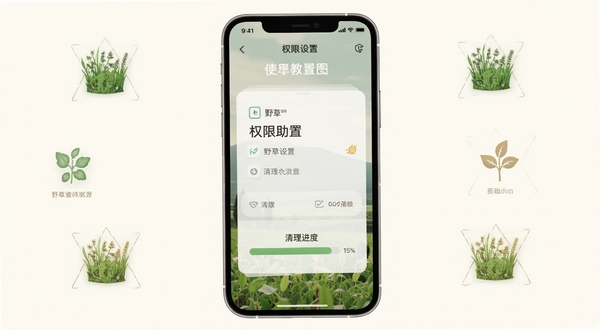 野草助手使用教程示意图,手机界面展示权限设置和清理进度条,背景为柔和的米白色,主体居中,四周点缀简约图标元素
