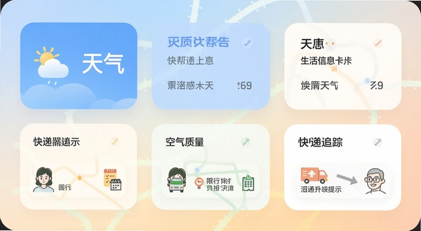 众人好帮手 生活信息卡片 天气 空气质量 快递追踪 限行提示 界面 柔和渐变背景 圆角卡片 高清渲染 16:9
