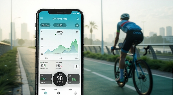 ��������ƫ��λ��չʾһ�������ֻ�����Ļ��������CYCPLUS RideӦ�ý��棬��ʾ��������ͼ�����������״̬������Ϊ�峿�����̵��������ߵ��黯��Ӱ������ɫ����ˬ������ͻ���Ƽ������˶���Χ���ʺ���Ϊ�������Ӿ�ͼ