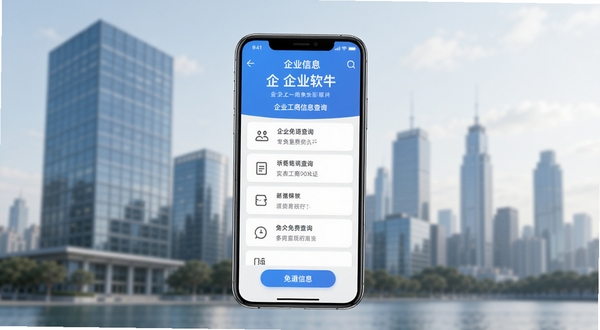 手机屏幕中央展示企业信息免费通软件主界面,界面内清晰罗列企业工商信息查询入口,背景区域为虚化的现代化写字楼群与城市天际线,画面风格简洁商务,光线明亮柔和,突出移动端应用的操作便捷感与专业查询氛围