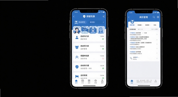 领健悦康 口腔诊所管理软件 手机端界面展示 患者预约列表与病历管理功能 蓝色简约商务风格 高清UI设计图
