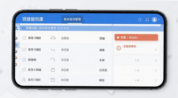 领健悦康 耗材库存管理界面 手机屏幕显示库存列表与预警提示 简约商务风格 蓝白配色