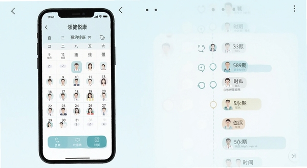 领健悦康 预约排班界面 日历视图与医生时间轴 移动端操作截图 清新浅色背景 扁平化图标设计