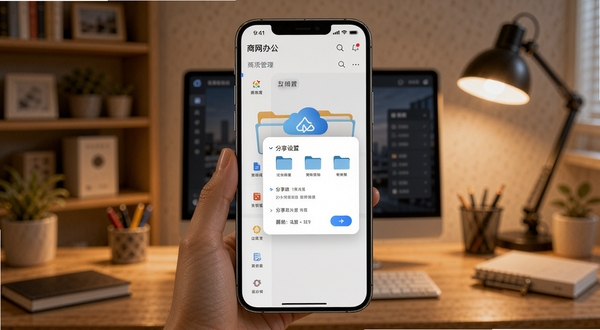 商网办公文件管理界面,手机屏幕展示云端文件夹与分享设置弹窗,背景为书房环境,暖色调,科技感与生活感结合