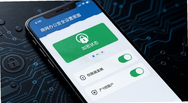 商网办公安全设置界面,手机屏幕展示加密状态与权限开关,背景为深色科技纹理,突出安全与隐私保护概念