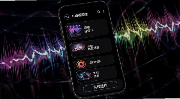 DJ串烧库主界面展示暗黑霓虹风格的电音串烧分类列表,手机屏幕中呈现深夜炸场、车载重低音等场景化入口,背景是炫彩声波纹理,细节包含高音质标识与离线缓存按钮,整体画面充满动感与科技感
