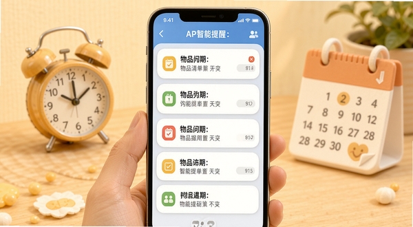 到期清单APP智能提醒功能界面,手机屏幕显示多条物品到期通知,画面中有闹钟与日历元素点缀,背景为柔和暖色调,突出提醒的及时性与清晰度
