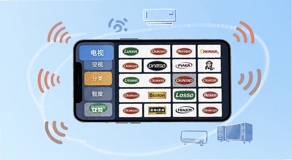 万能遥控红外应用内展示品牌选择列表,左侧是电视、空调等分类标签,右侧是各大品牌logo墙,画面采用扁平化插画风格,手机界面悬浮在空中,周围环绕着红外信号图标与家电轮廓,背景浅蓝色渐变,突出海量码库与智能匹配概念
