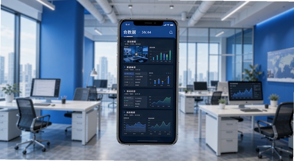 Manager活动管理软件主界面全貌展示,画面中央为手机屏幕中的活动列表与数据看板,背景为现代办公场景,蓝色调为主,简洁商务风格