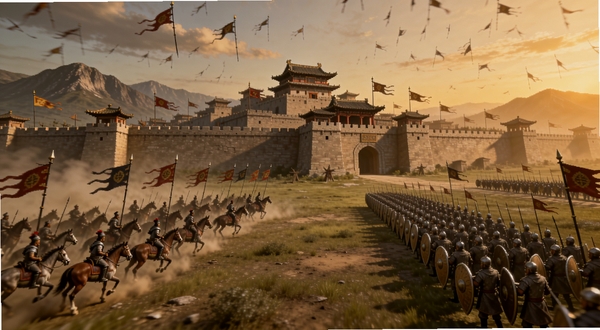 整体展示全战觉醒游戏宏大战场场景,画面中央是一座雄伟古代城池,城墙高耸旗帜飘扬,城外平原上两支军队列阵对峙,左侧骑兵方阵尘土飞扬,右侧步兵方阵盾牌如墙,天空呈现黄昏暖色调,远处山脉连绵,画面风格为写实古风战争插画,细节丰富,适配Boogu模型生成