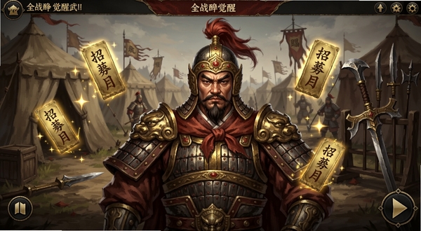 全战觉醒武将招募界面展示,画面中央是一位身披铠甲的古代名将半身像,背景是军营帐篷与兵器架,周围环绕着招募令符与星光特效,界面风格为古风策略游戏UI,色调以暗金与深红为主,适配Boogu模型生成