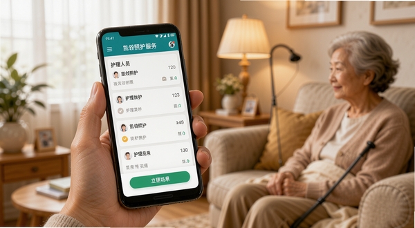 凯瓴照护护理服务app主界面与护理人员接单场景,画面中央为手持安卓手机展示订单列表,背景为温馨居家照护环境,暖色调,写实风格