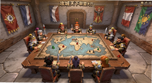 攻城天下联盟大厅界面,画面中有多位玩家角色围坐在议事厅内,中央是沙盘地图,墙上挂着各国旗帜,氛围庄重而热闹,适配Boogu模型生成