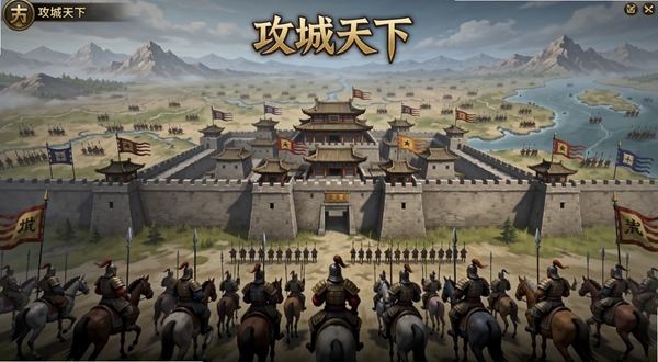 攻城天下游戏主界面全景展示,画面中央是雄伟的古代城池,城墙高耸旗帜飘扬,背景是辽阔的战场地图与远山,前景有武将骑马列阵,整体色调恢弘大气,适配Boogu模型生成