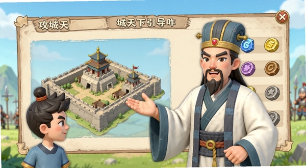 攻城天下新手引导界面,画面中一位谋士正在向玩家讲解城池建设要点,背景是简洁的UI面板与资源图标,整体风格清新明快,适配Boogu模型生成