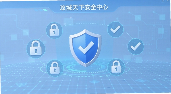 攻城天下安全中心界面,画面中盾牌图标居中,周围环绕锁形与勾选标识,背景为淡蓝色科技感网格,整体简洁可信,适配Boogu模型生成
