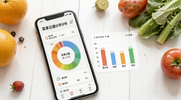 菜果云膳营养分析图表界面,手机屏幕显示彩色环形图和柱状图,展示蛋白质、脂肪、碳水化合物的摄入比例,旁边有新鲜水果和蔬菜作为装饰,背景为干净的白色桌面,光线明亮柔和