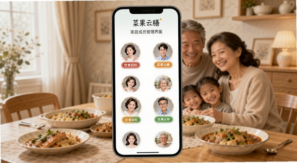 菜果云膳家庭成员管理界面,手机屏幕显示多个家庭成员头像和各自的饮食目标标签,背景是温馨的家庭餐厅场景,桌上有丰盛的饭菜,整体氛围和谐有爱