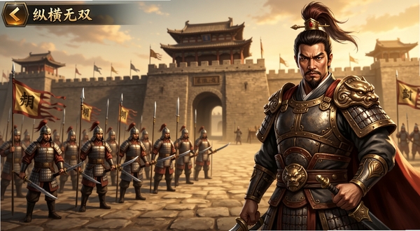 纵横无双 游戏主界面 古代城墙背景 士兵列阵 帅气武将角色 写实古风 暖色调 策略手游 高清画质