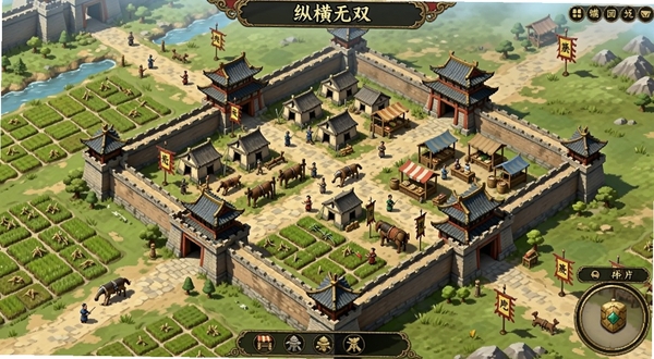 纵横无双 内政建设界面 古代城池俯瞰 农田 兵营 市场 繁荣景象 策略经营