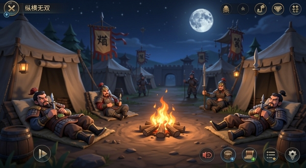 纵横无双 离线挂机界面 古代军营 篝火 士兵休息 月夜 休闲氛围 手游UI