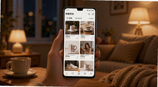 晚趣商城应用主界面与手机购物场景展示,画面中央为一部竖屏安卓手机,屏幕显示晚趣商城首页商品瀑布流,背景为温馨的夜间居家环境,暖色调灯光,突出掌上购物氛围,写实风格