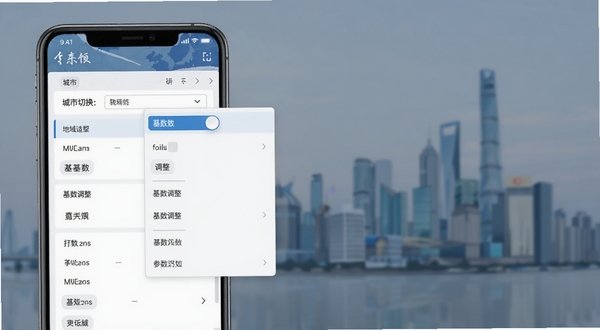 电子税务社保计算软件中的城市切换下拉菜单与参数设置界面,画面主体展示手机屏幕上的城市列表与基数调整滑块,背景区域为虚化的城市天际线轮廓,色调以蓝灰渐变为主,体现地域适配与参数灵活性