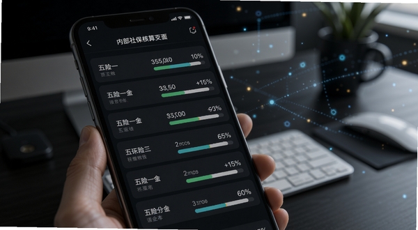 电子税务社保计算软件内部社保核算页面特写,画面主体为手机屏幕显示五险一金分项列表,每一项后面带有金额与百分比进度条,背景区域为深色模式下的办公桌环境,有淡淡的数字光影浮动,突出科技感与数据严谨性