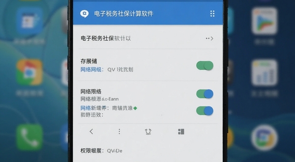 电子税务社保计算软件在手机上的权限设置界面截图,画面主体为安卓系统的应用权限管理页面,背景区域为模糊的手机桌面壁纸,突出存储与网络权限开关的视觉焦点