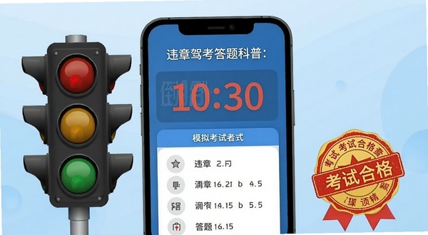 违章驾考答题科普 模拟考试界面,手机屏幕显示倒计时与答题卡,旁边有交通信号灯和考试合格印章元素,背景为浅蓝色渐变,突出考试氛围