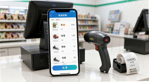 门店通快速收银功能界面,手机屏幕显示商品列表与结算按钮,旁边有扫码枪和打印小票,背景为便利店收银台,明亮整洁的视觉风格,突出高效收银场景