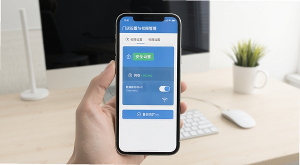 门店通设置与权限管理界面,手机屏幕显示权限开关与备份选项,背景为简洁办公桌面,浅色系视觉风格,突出安全设置与数据保护场景