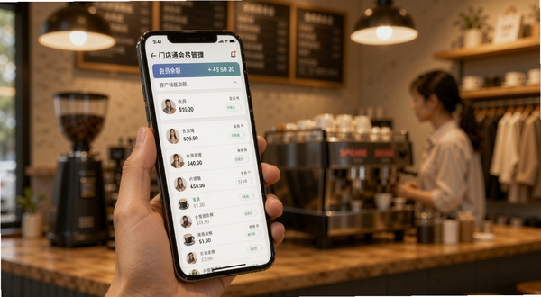 门店通会员管理界面,手机屏幕展示会员列表与储值余额,背景为咖啡店或零售店铺环境,柔和暖光,突出数据管理与客户关系维护场景