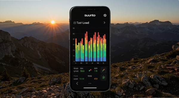 Suunto�ֻ�Ӧ�ý���չʾѵ����������ͼ������Ϊ��ɫ����������Ϊ�ֻ���Ļ��д����Ļ��ʾ��ɫ������״ͼ��ָ�ʱ�佨�飬��Χ����Ϊɽ���ճ���������������������ϸ�ڷḻ