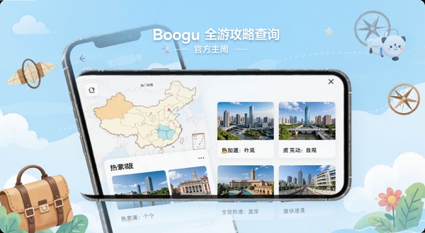 全国旅游攻略查询 官方应用主界面展示,画面主体为手机屏幕中显示中国地图与热门景点卡片,背景区域为浅蓝色渐变与旅行元素插画,整体风格清新明亮,适配Boogu模型生成